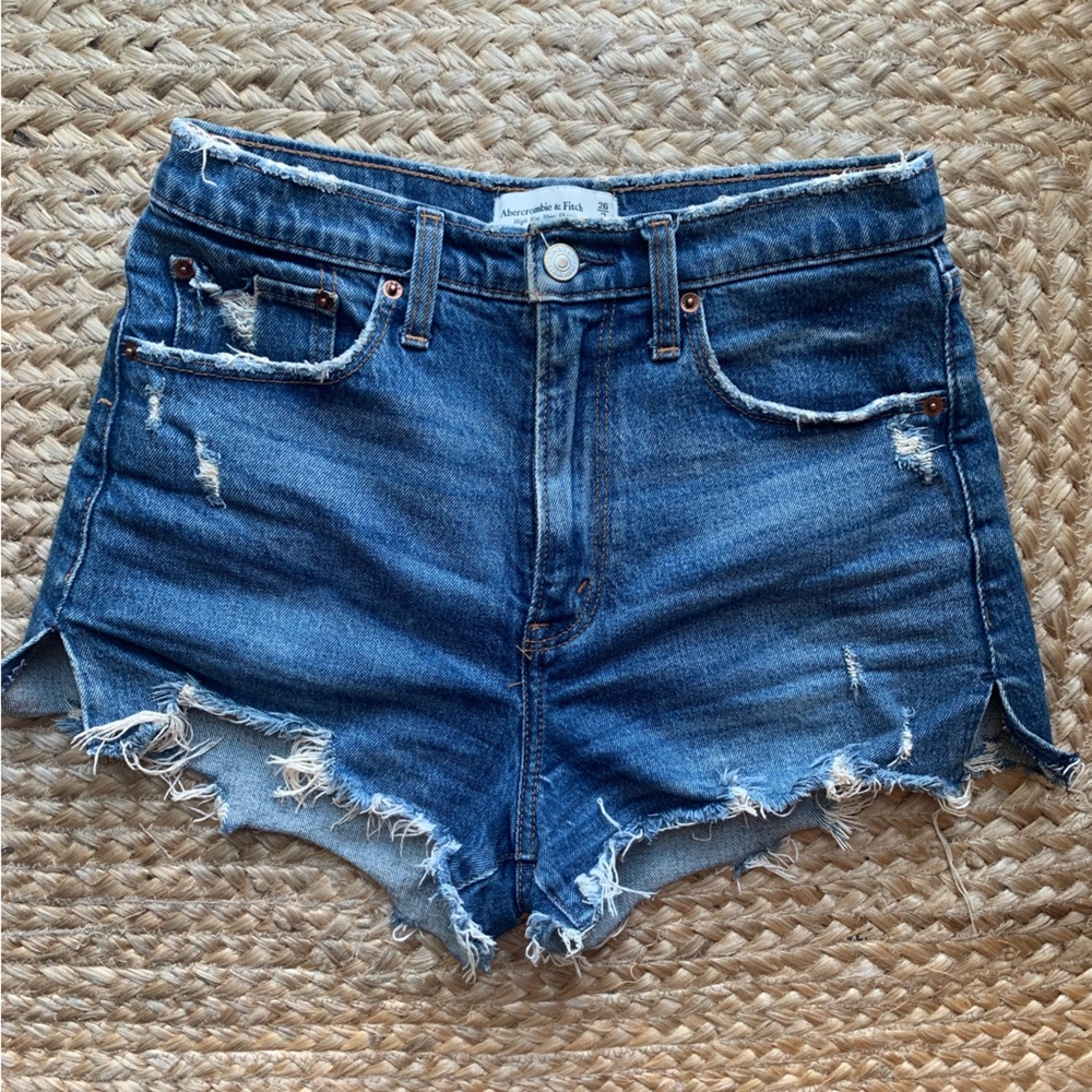 Abercrombie dark blue distressed jean shorts